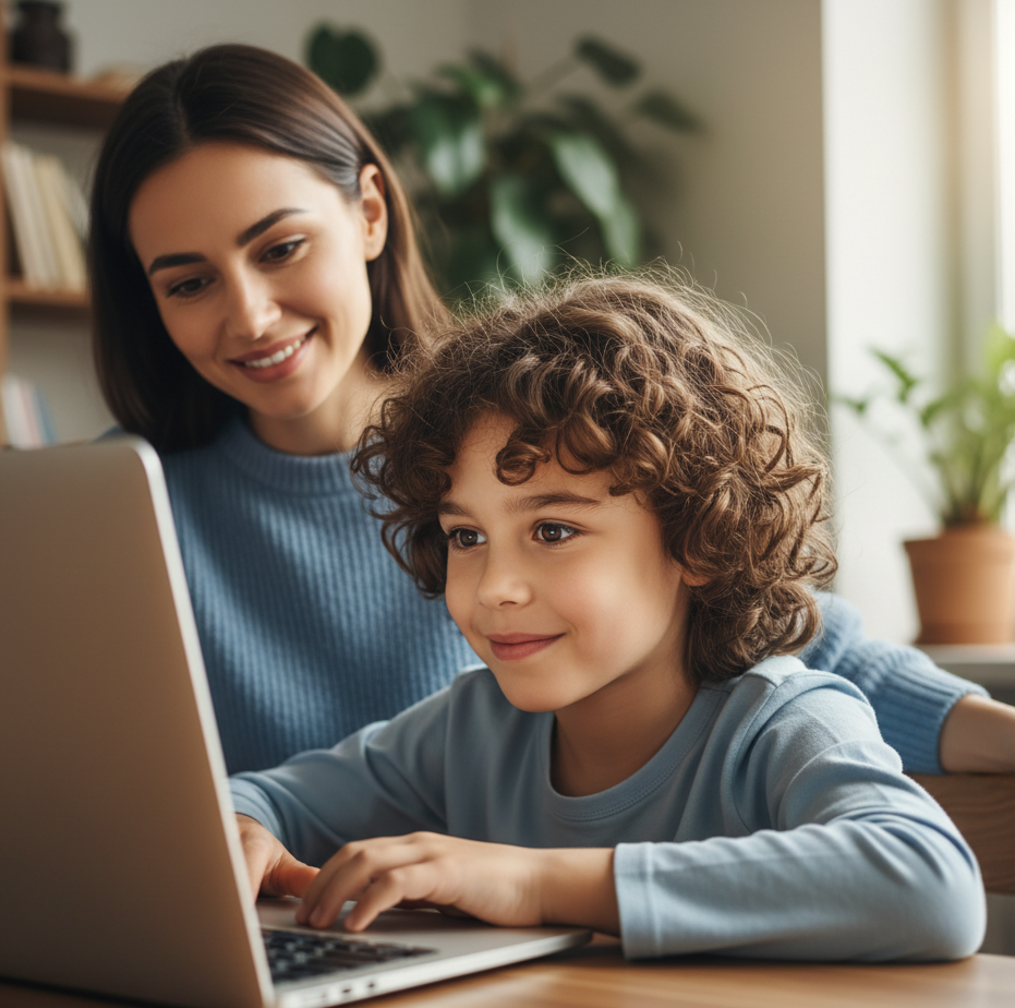 Parent and child learning together on a laptop